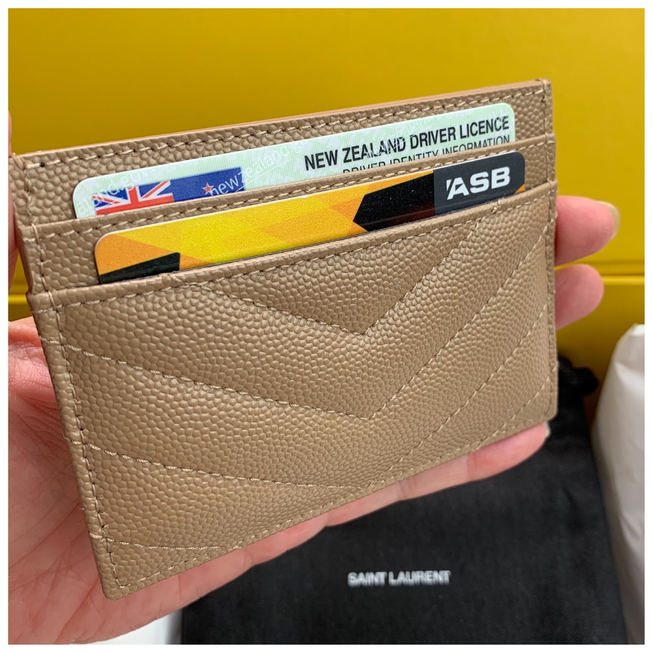 Embossed Leather Card Holder in Beige - Saint Laurent